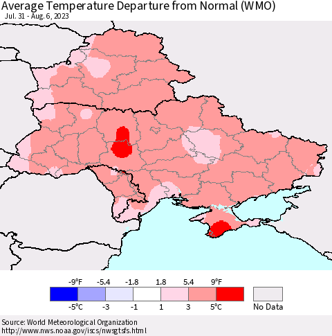 Ukraine, Moldova and Belarus Average Temperature Departure from Normal (WMO) Thematic Map For 7/31/2023 - 8/6/2023