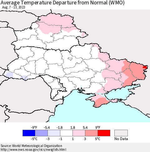 Ukraine, Moldova and Belarus Average Temperature Departure from Normal (WMO) Thematic Map For 8/7/2023 - 8/13/2023
