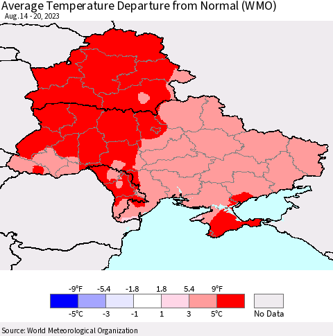 Ukraine, Moldova and Belarus Average Temperature Departure from Normal (WMO) Thematic Map For 8/14/2023 - 8/20/2023