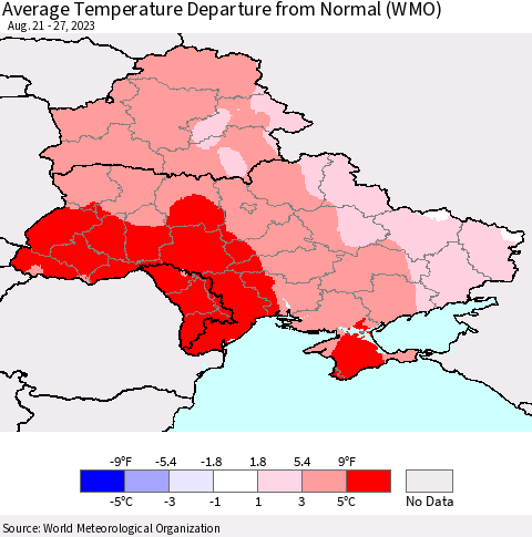 Ukraine, Moldova and Belarus Average Temperature Departure from Normal (WMO) Thematic Map For 8/21/2023 - 8/27/2023