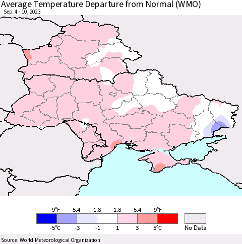 Ukraine, Moldova and Belarus Average Temperature Departure from Normal (WMO) Thematic Map For 9/4/2023 - 9/10/2023