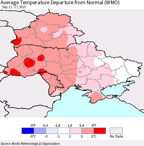 Ukraine, Moldova and Belarus Average Temperature Departure from Normal (WMO) Thematic Map For 9/11/2023 - 9/17/2023