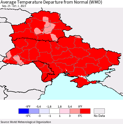 Ukraine, Moldova and Belarus Average Temperature Departure from Normal (WMO) Thematic Map For 9/25/2023 - 10/1/2023
