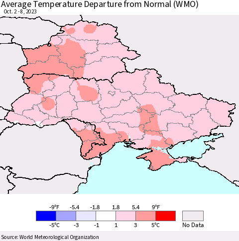 Ukraine, Moldova and Belarus Average Temperature Departure from Normal (WMO) Thematic Map For 10/2/2023 - 10/8/2023