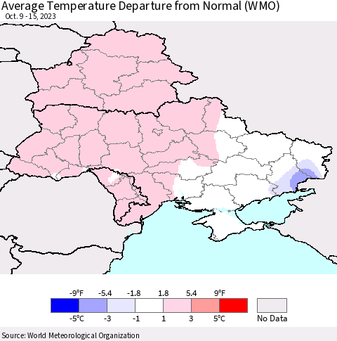Ukraine, Moldova and Belarus Average Temperature Departure from Normal (WMO) Thematic Map For 10/9/2023 - 10/15/2023