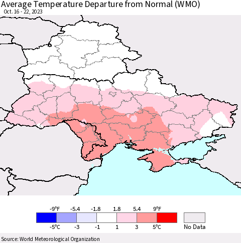 Ukraine, Moldova and Belarus Average Temperature Departure from Normal (WMO) Thematic Map For 10/16/2023 - 10/22/2023