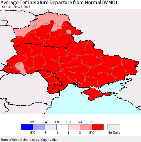 Ukraine, Moldova and Belarus Average Temperature Departure from Normal (WMO) Thematic Map For 10/30/2023 - 11/5/2023