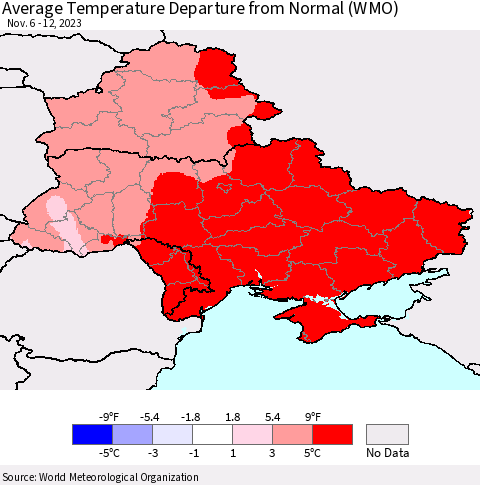 Ukraine, Moldova and Belarus Average Temperature Departure from Normal (WMO) Thematic Map For 11/6/2023 - 11/12/2023