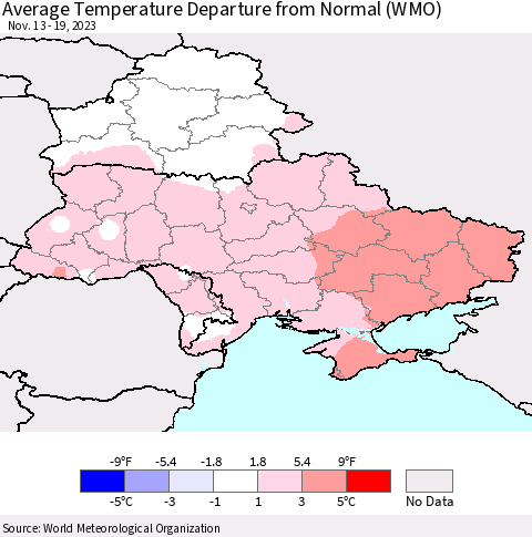 Ukraine, Moldova and Belarus Average Temperature Departure from Normal (WMO) Thematic Map For 11/13/2023 - 11/19/2023
