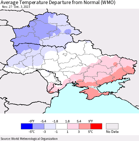 Ukraine, Moldova and Belarus Average Temperature Departure from Normal (WMO) Thematic Map For 11/27/2023 - 12/3/2023