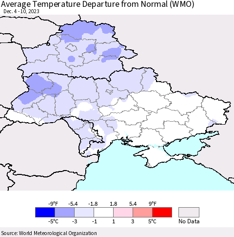 Ukraine, Moldova and Belarus Average Temperature Departure from Normal (WMO) Thematic Map For 12/4/2023 - 12/10/2023