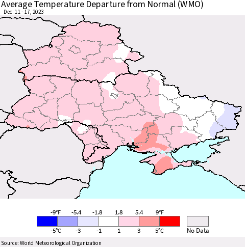 Ukraine, Moldova and Belarus Average Temperature Departure from Normal (WMO) Thematic Map For 12/11/2023 - 12/17/2023