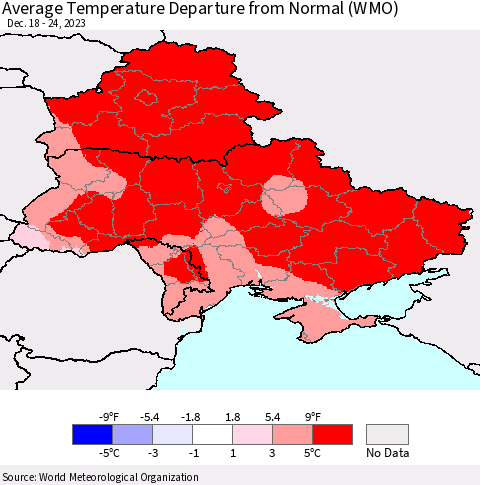 Ukraine, Moldova and Belarus Average Temperature Departure from Normal (WMO) Thematic Map For 12/18/2023 - 12/24/2023