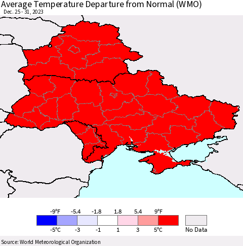 Ukraine, Moldova and Belarus Average Temperature Departure from Normal (WMO) Thematic Map For 12/25/2023 - 12/31/2023
