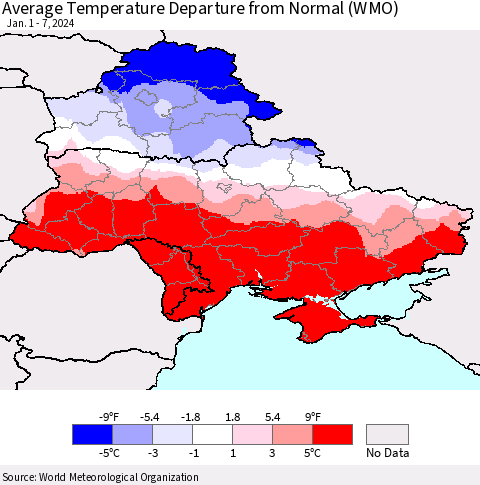Ukraine, Moldova and Belarus Average Temperature Departure from Normal (WMO) Thematic Map For 1/1/2024 - 1/7/2024