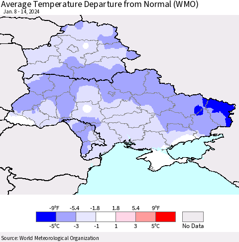 Ukraine, Moldova and Belarus Average Temperature Departure from Normal (WMO) Thematic Map For 1/8/2024 - 1/14/2024