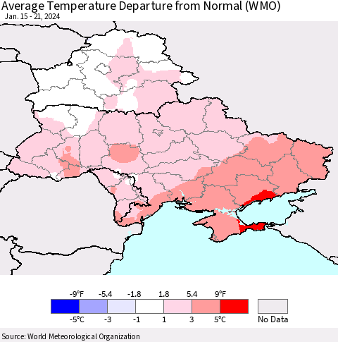 Ukraine, Moldova and Belarus Average Temperature Departure from Normal (WMO) Thematic Map For 1/15/2024 - 1/21/2024