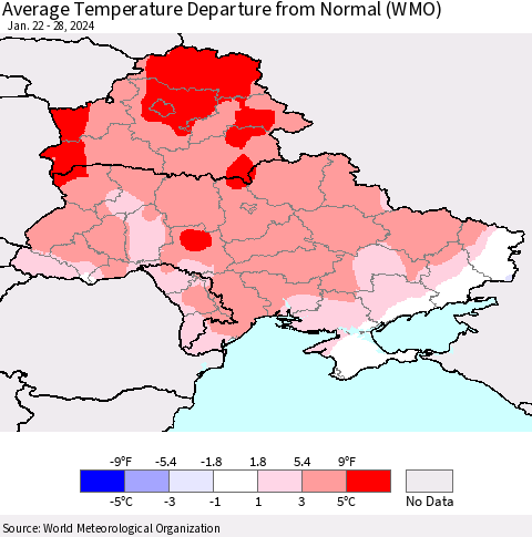 Ukraine, Moldova and Belarus Average Temperature Departure from Normal (WMO) Thematic Map For 1/22/2024 - 1/28/2024