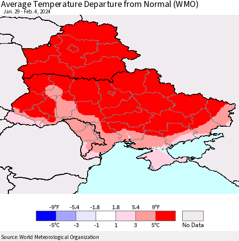 Ukraine, Moldova and Belarus Average Temperature Departure from Normal (WMO) Thematic Map For 1/29/2024 - 2/4/2024