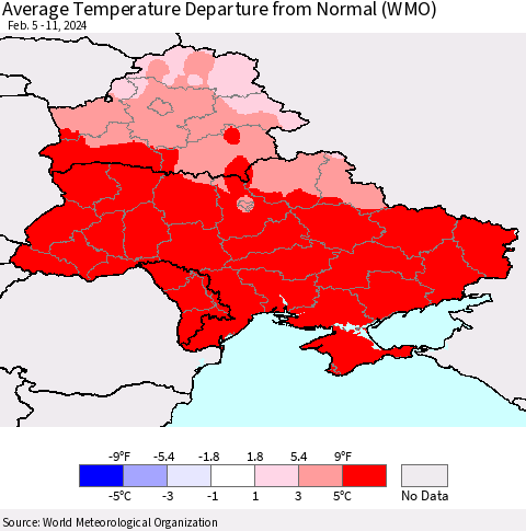 Ukraine, Moldova and Belarus Average Temperature Departure from Normal (WMO) Thematic Map For 2/5/2024 - 2/11/2024