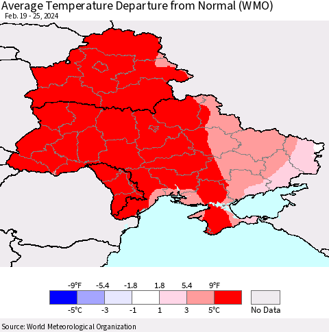 Ukraine, Moldova and Belarus Average Temperature Departure from Normal (WMO) Thematic Map For 2/19/2024 - 2/25/2024