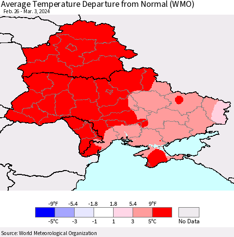 Ukraine, Moldova and Belarus Average Temperature Departure from Normal (WMO) Thematic Map For 2/26/2024 - 3/3/2024