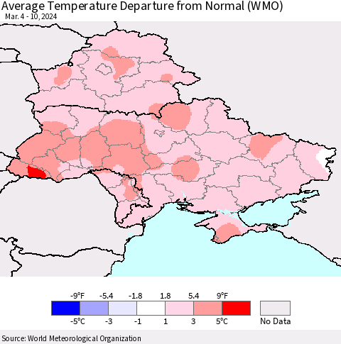 Ukraine, Moldova and Belarus Average Temperature Departure from Normal (WMO) Thematic Map For 3/4/2024 - 3/10/2024