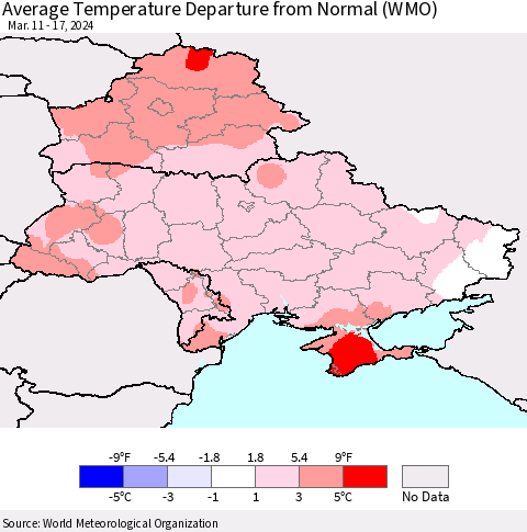 Ukraine, Moldova and Belarus Average Temperature Departure from Normal (WMO) Thematic Map For 3/11/2024 - 3/17/2024