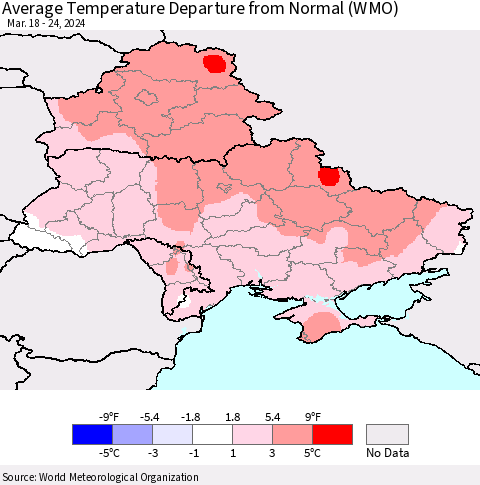 Ukraine, Moldova and Belarus Average Temperature Departure from Normal (WMO) Thematic Map For 3/18/2024 - 3/24/2024