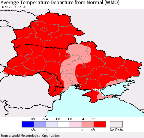 Ukraine, Moldova and Belarus Average Temperature Departure from Normal (WMO) Thematic Map For 3/25/2024 - 3/31/2024