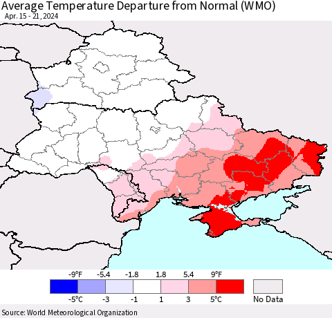 Ukraine, Moldova and Belarus Average Temperature Departure from Normal (WMO) Thematic Map For 4/15/2024 - 4/21/2024
