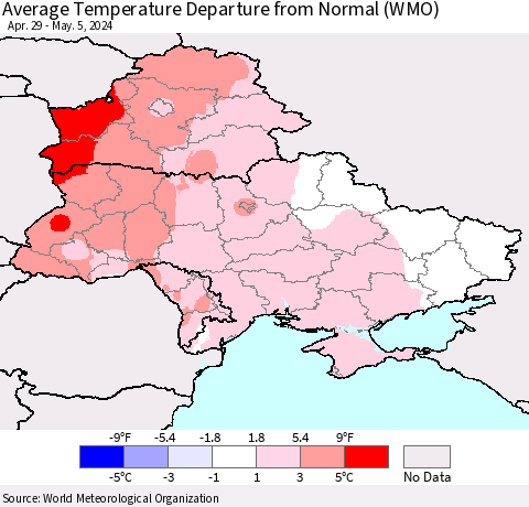 Ukraine, Moldova and Belarus Average Temperature Departure from Normal (WMO) Thematic Map For 4/29/2024 - 5/5/2024
