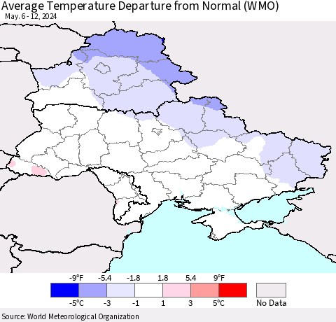 Ukraine, Moldova and Belarus Average Temperature Departure from Normal (WMO) Thematic Map For 5/6/2024 - 5/12/2024