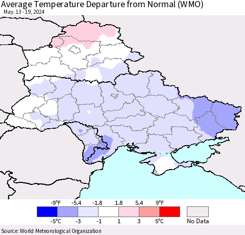 Ukraine, Moldova and Belarus Average Temperature Departure from Normal (WMO) Thematic Map For 5/13/2024 - 5/19/2024