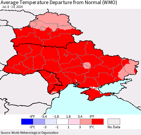 Ukraine, Moldova and Belarus Average Temperature Departure from Normal (WMO) Thematic Map For 7/8/2024 - 7/14/2024