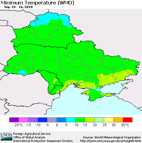 Ukraine, Moldova and Belarus Minimum Temperature (WMO) Thematic Map For 9/10/2018 - 9/16/2018