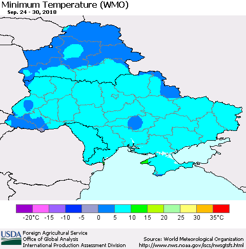 Ukraine, Moldova and Belarus Minimum Temperature (WMO) Thematic Map For 9/24/2018 - 9/30/2018
