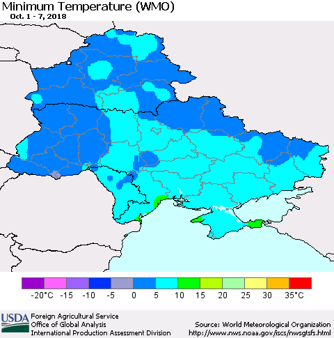 Ukraine, Moldova and Belarus Minimum Temperature (WMO) Thematic Map For 10/1/2018 - 10/7/2018