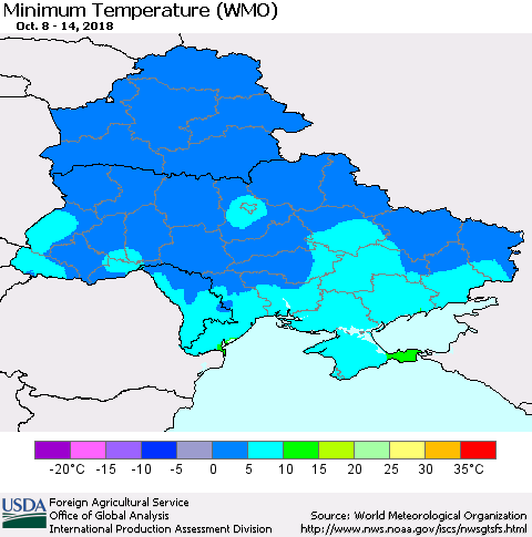 Ukraine, Moldova and Belarus Minimum Temperature (WMO) Thematic Map For 10/8/2018 - 10/14/2018