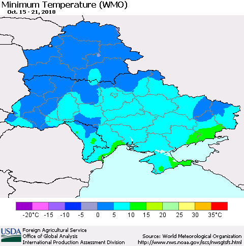 Ukraine, Moldova and Belarus Minimum Temperature (WMO) Thematic Map For 10/15/2018 - 10/21/2018