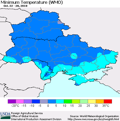 Ukraine, Moldova and Belarus Minimum Temperature (WMO) Thematic Map For 10/22/2018 - 10/28/2018