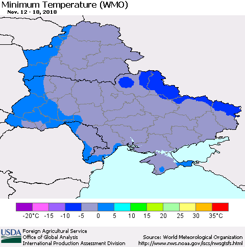 Ukraine, Moldova and Belarus Minimum Temperature (WMO) Thematic Map For 11/12/2018 - 11/18/2018