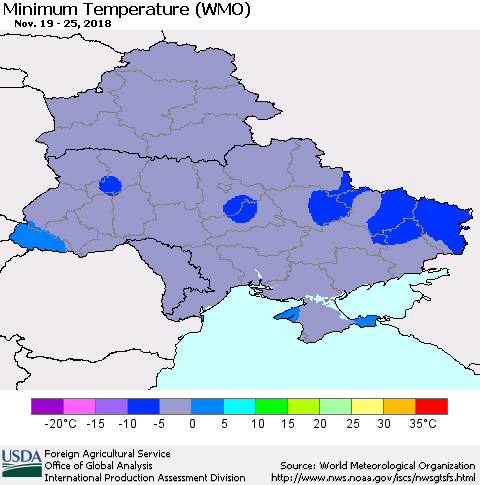 Ukraine, Moldova and Belarus Minimum Temperature (WMO) Thematic Map For 11/19/2018 - 11/25/2018