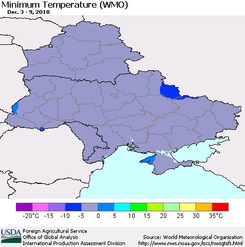 Ukraine, Moldova and Belarus Minimum Temperature (WMO) Thematic Map For 12/3/2018 - 12/9/2018