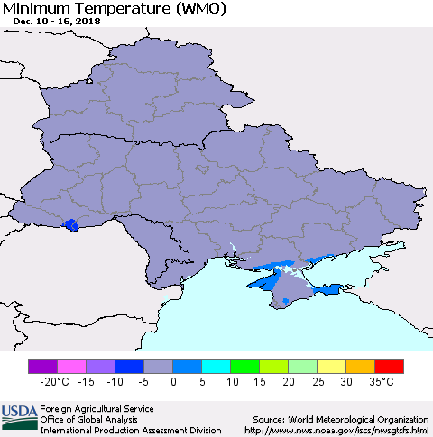 Ukraine, Moldova and Belarus Minimum Temperature (WMO) Thematic Map For 12/10/2018 - 12/16/2018