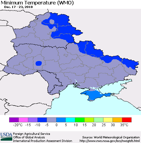 Ukraine, Moldova and Belarus Minimum Temperature (WMO) Thematic Map For 12/17/2018 - 12/23/2018