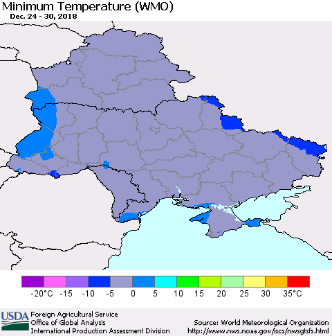 Ukraine, Moldova and Belarus Minimum Temperature (WMO) Thematic Map For 12/24/2018 - 12/30/2018