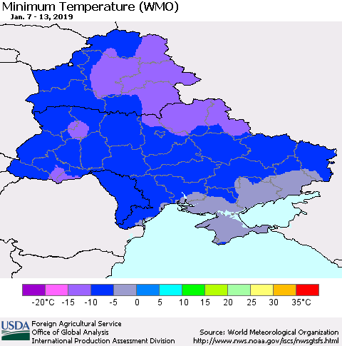 Ukraine, Moldova and Belarus Minimum Temperature (WMO) Thematic Map For 1/7/2019 - 1/13/2019