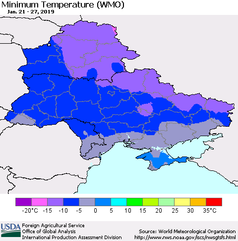 Ukraine, Moldova and Belarus Minimum Temperature (WMO) Thematic Map For 1/21/2019 - 1/27/2019