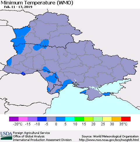 Ukraine, Moldova and Belarus Minimum Temperature (WMO) Thematic Map For 2/11/2019 - 2/17/2019